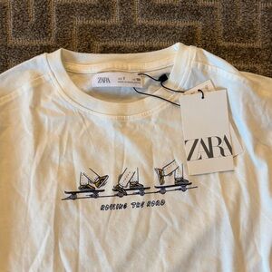 ZARA White Graphic Skateboard Tee with Yellow Accents